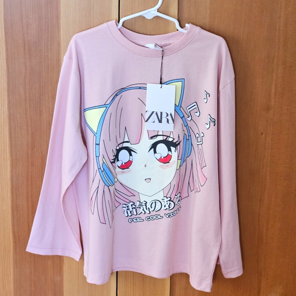 Zara Long Sleeve Anime Tee / Color: Pink / Size: 9-10